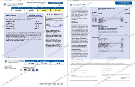 USA Time Warner Cabel utility bill, Word and PDF template, 3 pages 1 2